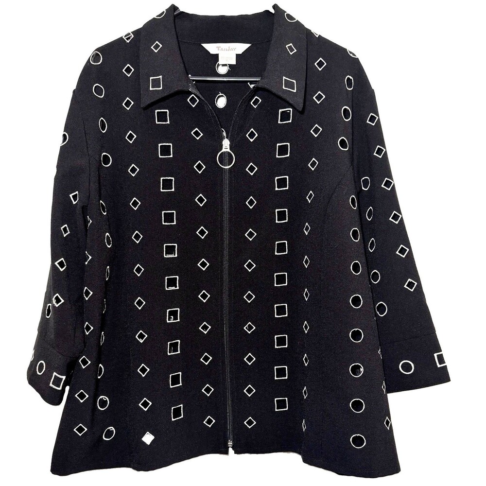 TanJay Jacket Womens 16 Black White Geometric Cutout Embroidered Zip Front